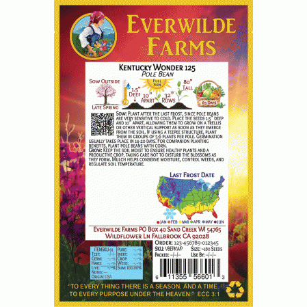 1 Lb Kentucky Wonder 125 Pole Bean Seeds Everwilde Farms Mylar Seed Packet 