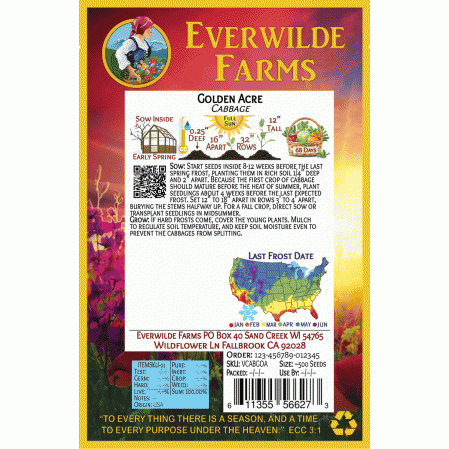 Everwilde Farms Mylar Seed Packet 1/4 Lb Golden Acre Cabbage Seeds 