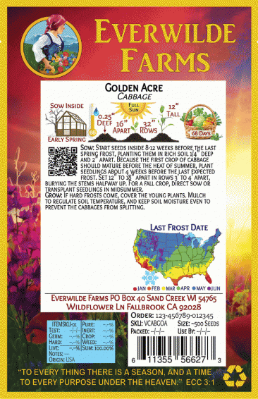 Everwilde Farms Mylar Seed Packet 1/4 Lb Golden Acre Cabbage Seeds 