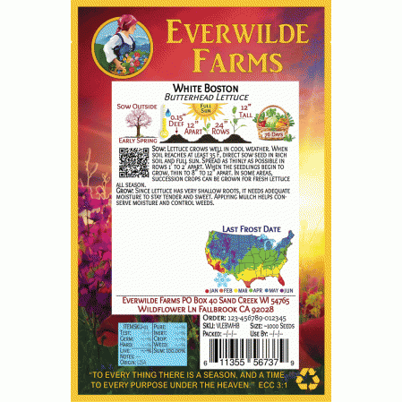 Everwilde Farms Mylar Seed Packet 1000 White Boston Butterhead Lettuce Seeds 