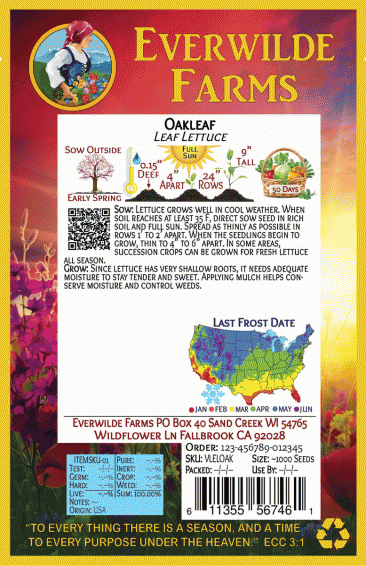 Everwilde Farms Mylar Seed Packet 1 Lb Oakleaf Leaf Lettuce Seeds 