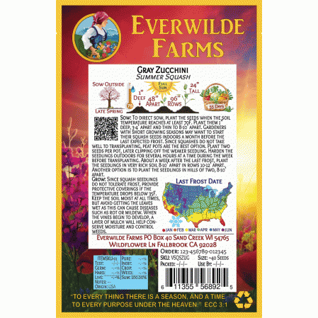 Everwilde Farms Mylar Seed Packet 40 Gray Zucchini Summer Squash Seeds 
