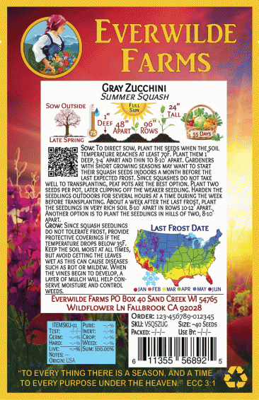 Everwilde Farms Mylar Seed Packet 40 Gray Zucchini Summer Squash Seeds 