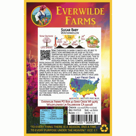40 Sugar Baby Watermelon Seeds Everwilde Farms Mylar Seed Packet 