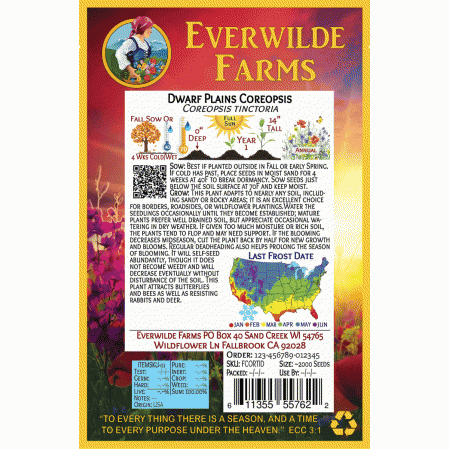 2000 Dwarf Plains Coreopsis Wildflower Seeds Everwilde Farms Mylar Seed Packet 