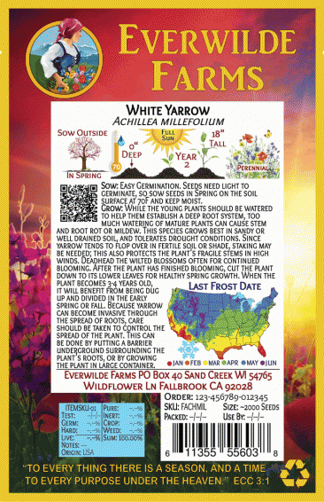 Everwilde Farms Mylar Seed Packet 2000 White Yarrow Wildflower Seeds 