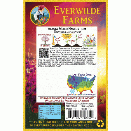 25 Alaska Mixed Nasturtium Wildflower Seeds Everwilde Farms Mylar Seed Packet 
